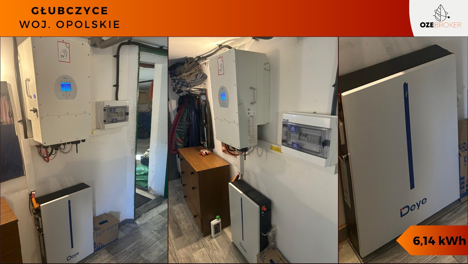 Instalacja magazynu energii i falownika w piwnicy domu w Głubczycach, woj. Opolskie; widoczny biały magazyn energii marki Deye o pojemności 6,14 kWh oraz biały falownik zamontowany na ścianie obok...