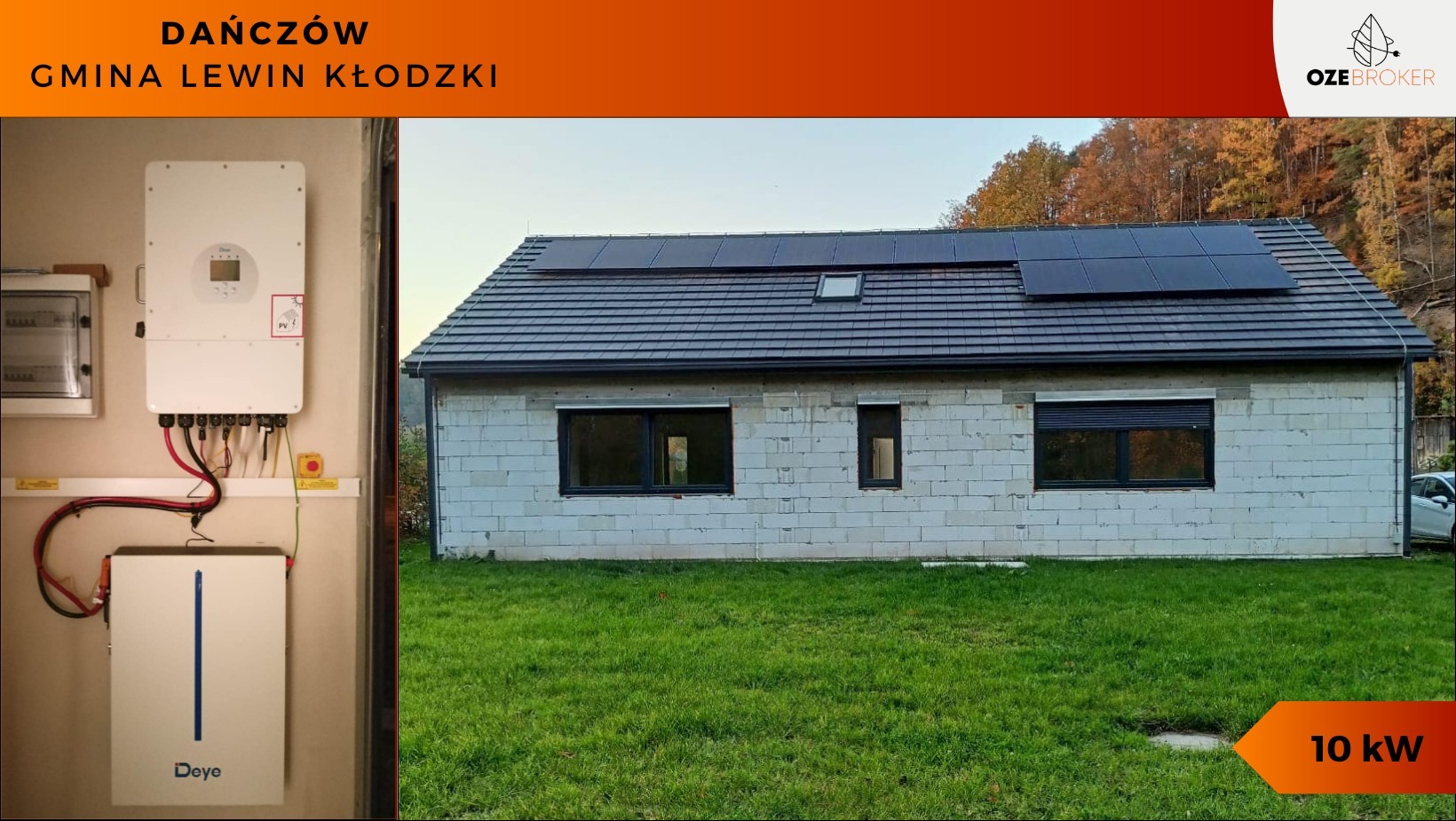 Instalacja fotowoltaiczna na dachu domu jednorodzinnego w Kłodzku, widoczny inwerter i magazyn energii Deye wewnątrz budynku.