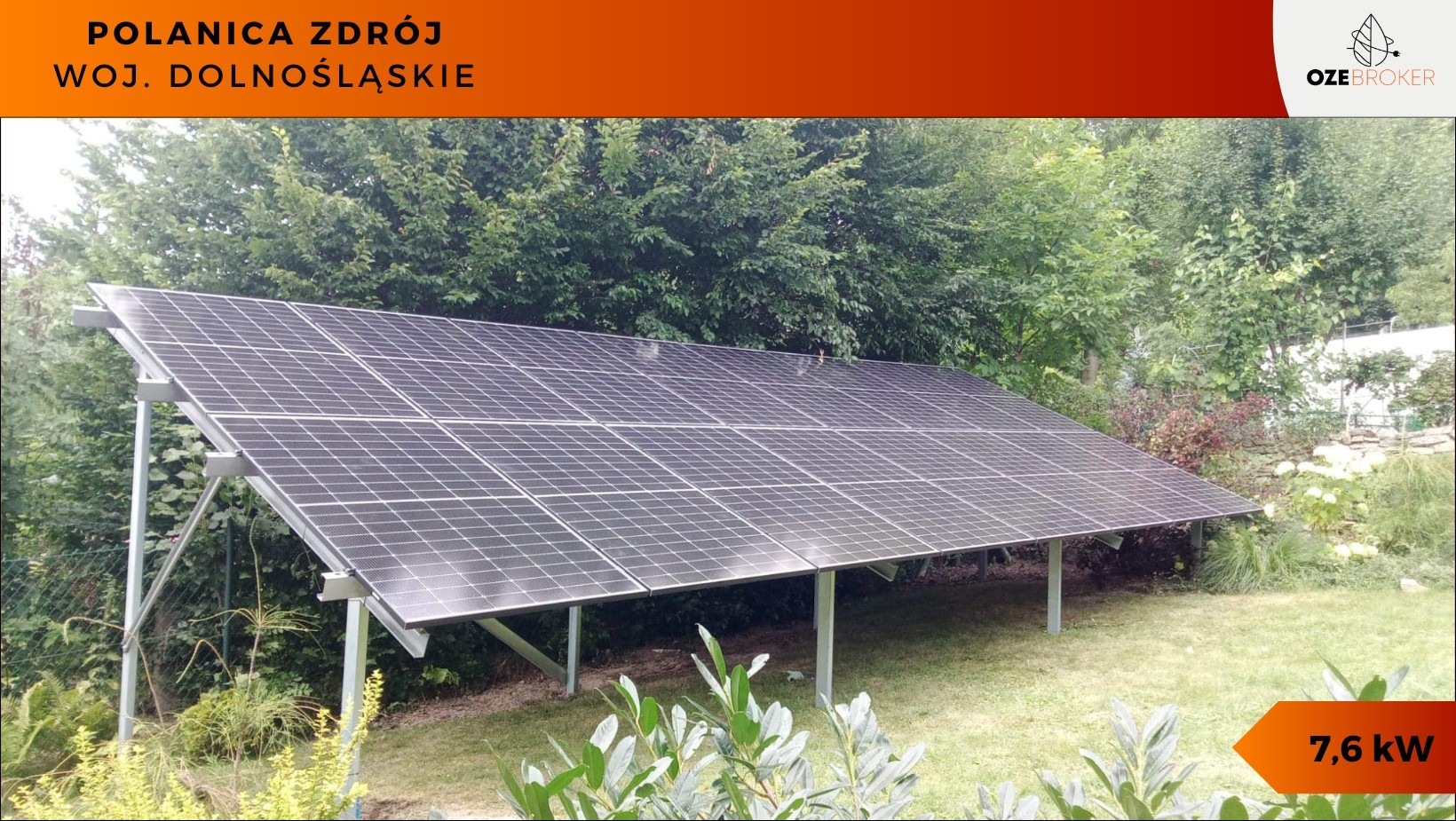 Instalacja fotowoltaiczna 7,6 kW na metalowej konstrukcji, umieszczona na trawniku w Polanicy Zdroju, Województwo Dolnośląskie, z bujną zielenią w tle.