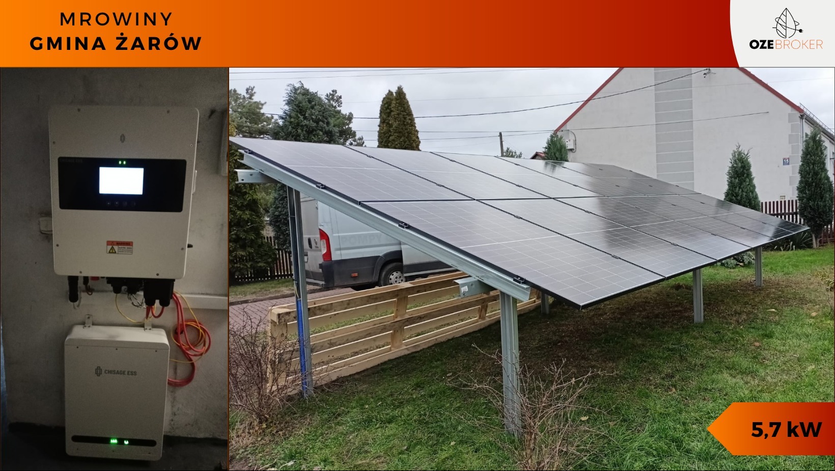 Instalacja fotowoltaiczna 5.7 kW na metalowej konstrukcji, z widocznym inwerterem i magazynem energii CHISAGE ESS na ścianie budynku w tle, częściowo zasłonięta przez biały samochód dostawczy.