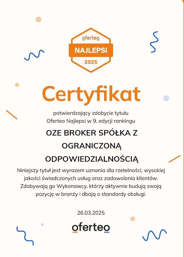 Certyfikat Oferteo Najlepsi 2025 dla OZE BROKER Spółka z Ograniczoną Odpowiedzialnością, potwierdzający wysoką jakość świadczonych usług i zadowolenie klientów.