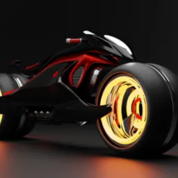 Futurystyczny motocykl trójkołowy w kolorze czarnym i czerwonym z podświetlanymi na żółto kołami, prezentowany na ciemnym tle. Koncepcja graficzna z Miodar.