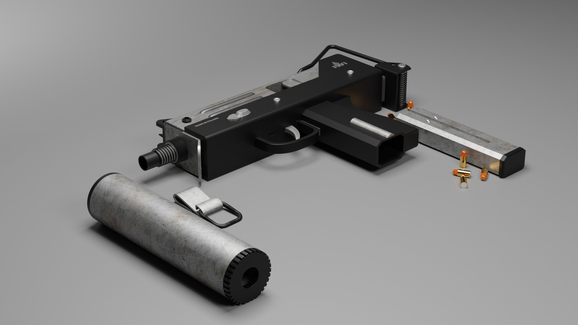 Render 3D pistoletu maszynowego MAC-11 z odłączonym tłumikiem i magazynkiem, widoczne naboje, szarym tle.