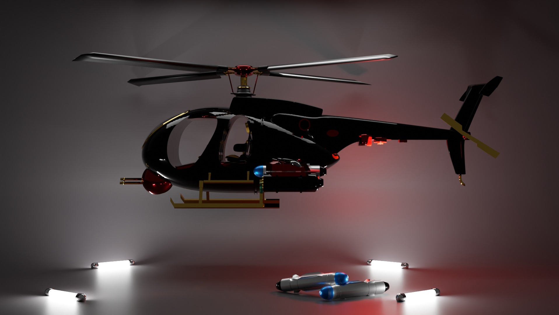 Czarny, błyszczący model śmigłowca z uzbrojeniem, renderowany w 3D z oświetleniem studyjnym i leżącymi obok pociskami.