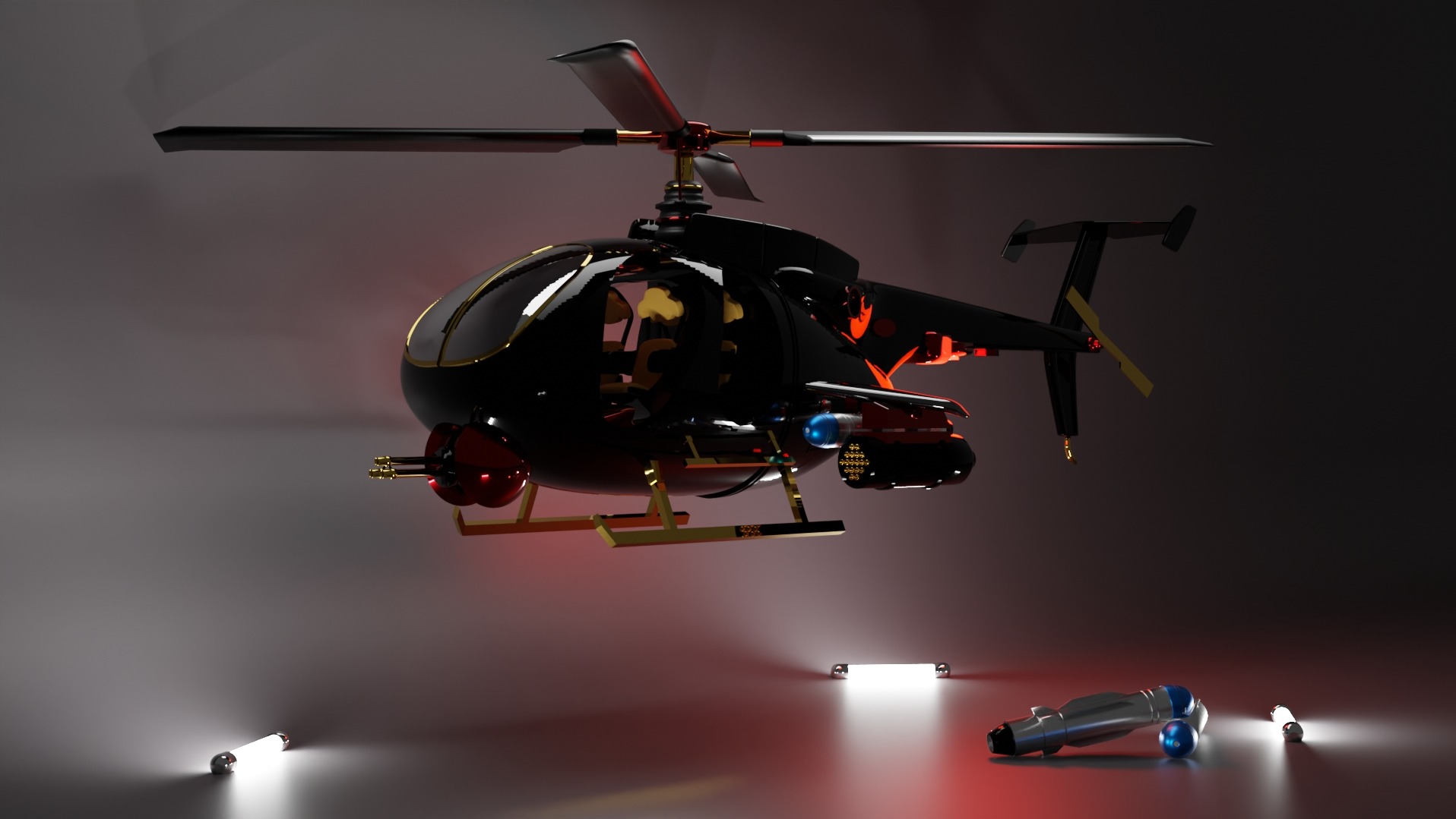 Czarny, błyszczący model helikoptera z elementami w kolorze czerwonym i złotym, prezentowany w studiu z oświetleniem neonowym.
