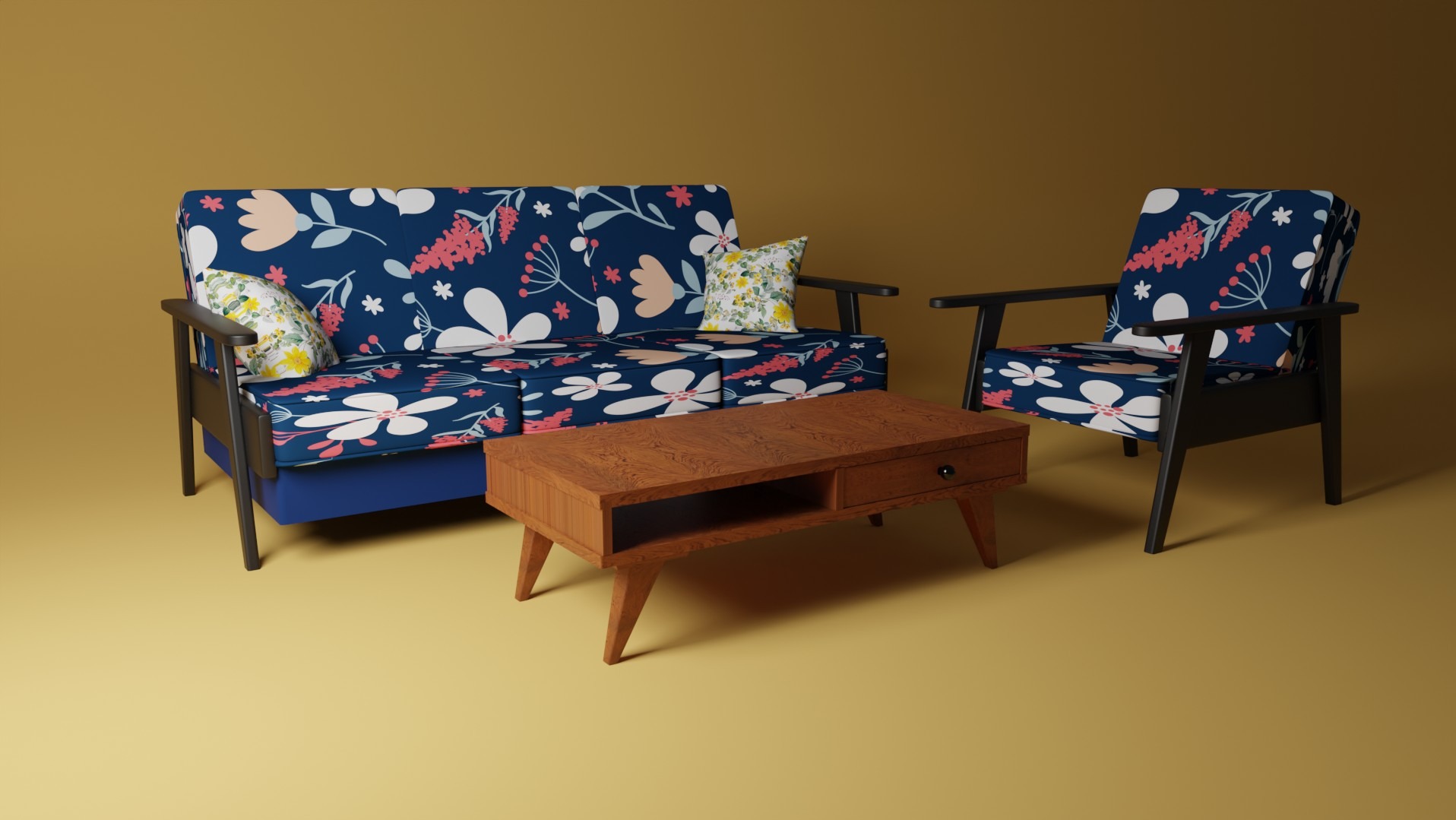 Aranżacja wnętrza: sofa i fotel z ciemnoniebieską tapicerką w kwiaty, drewniany stolik kawowy z szufladą, żółte tło.