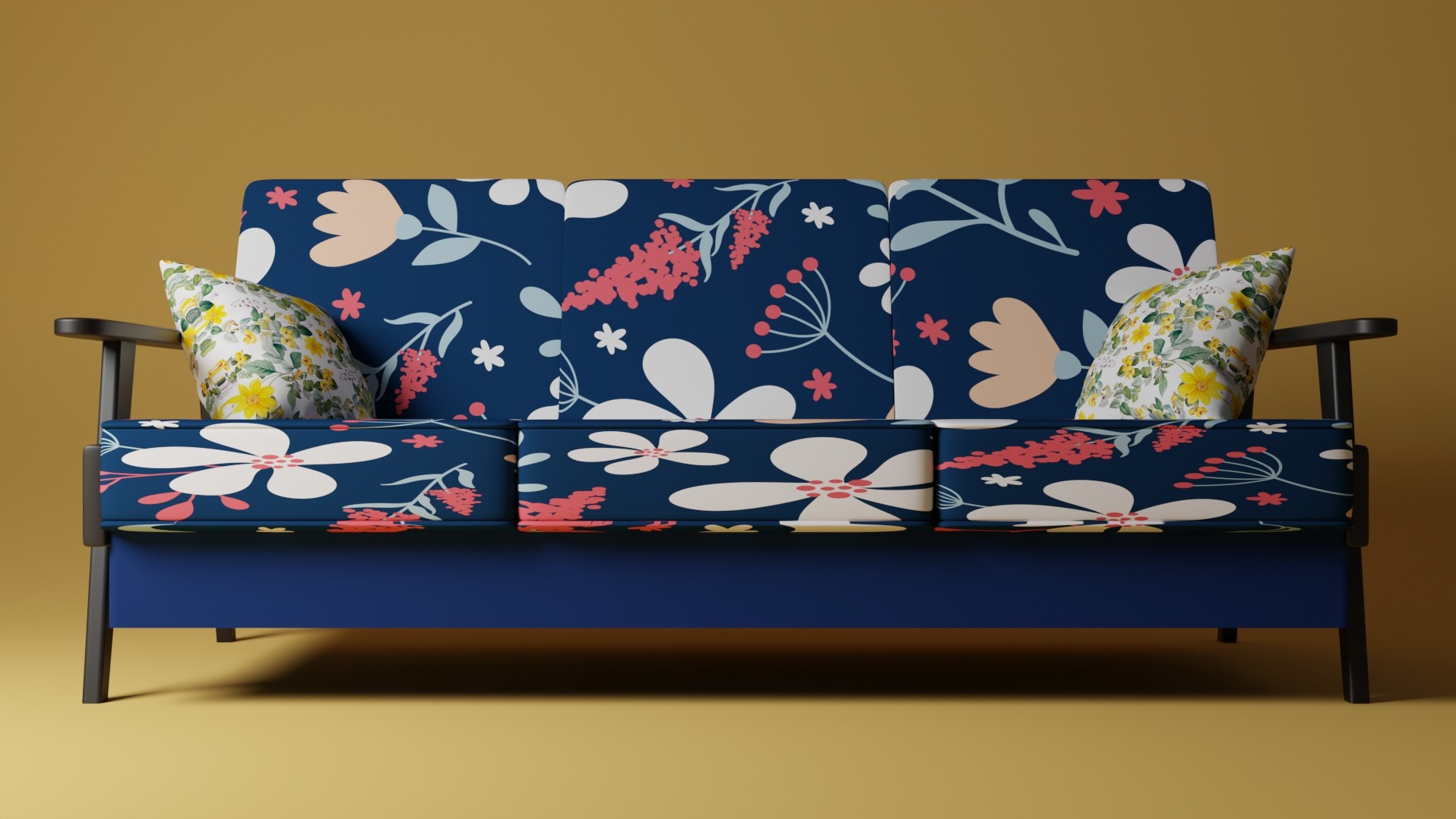 Wizualizacja sofy z ciemnoniebieską tapicerką w kwiaty i dwoma poduszkami w drobne, żółte kwiatki na tle jednolitej, żółtej ściany.