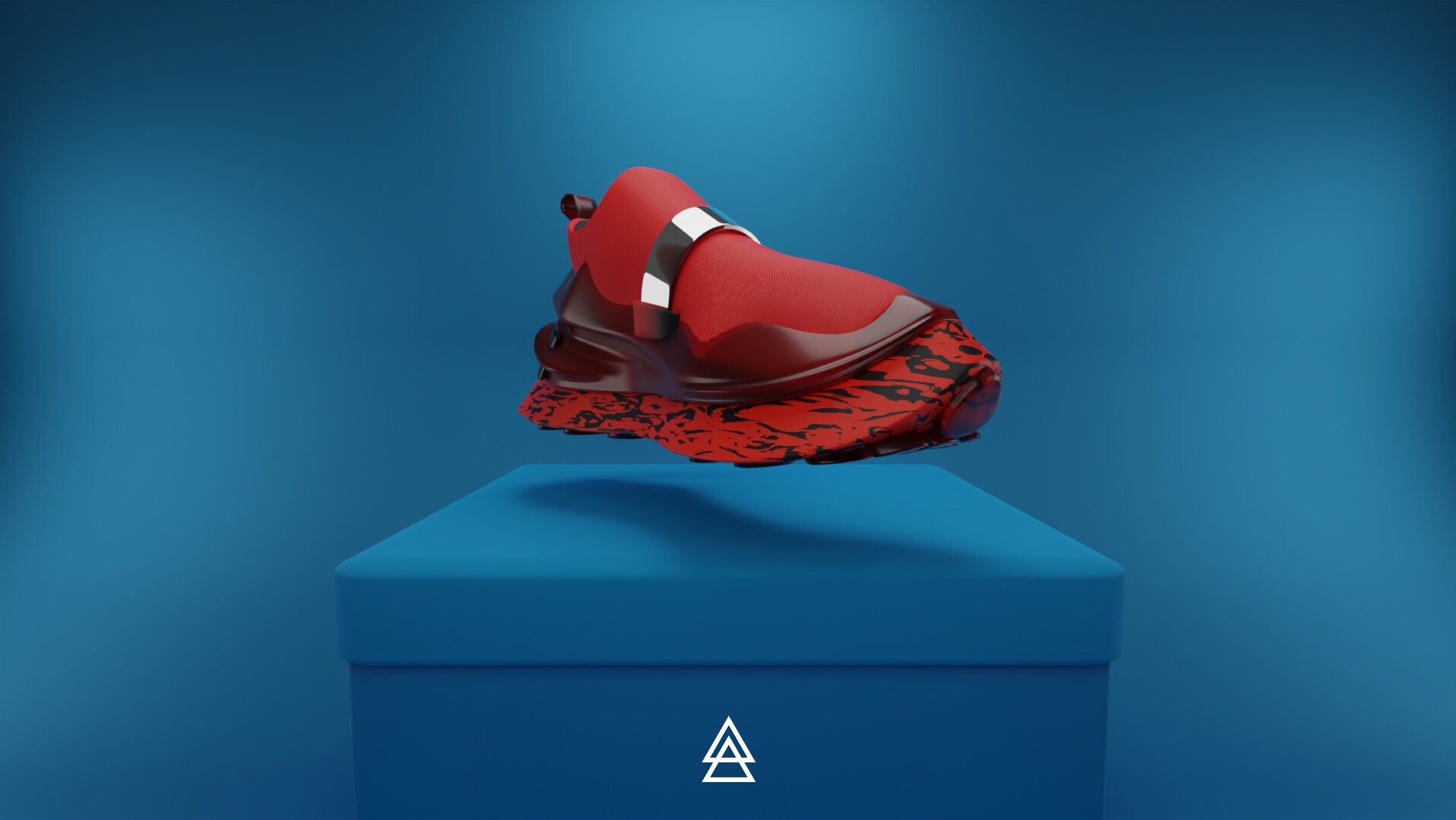 Czerwony, futurystyczny but z czarnymi akcentami, umieszczony na niebieskim postumencie na tle niebieskiego tła, render 3D.