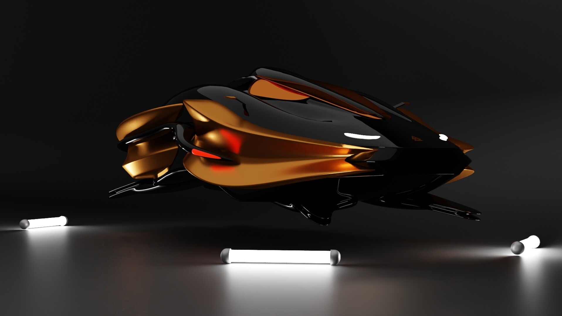 Futurystyczny, czarno-złoty pojazd unoszący się nad lśniącą powierzchnią, oświetlony przez trzy cylindryczne lampy LED, render 3D.