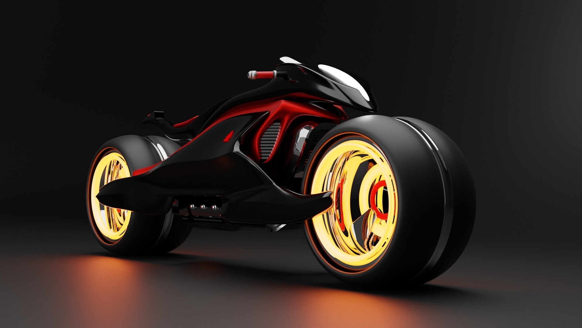 Futurystyczny motocykl trójkołowy w kolorze czarnym i czerwonym z podświetlanymi na żółto kołami, prezentowany na ciemnym tle. Koncepcja graficzna z Miodar.