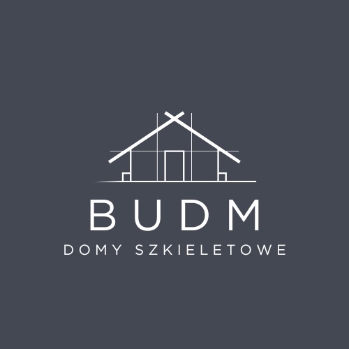 Logo firmy BUDM przedstawiające schematyczny rysunek domu z napisem 'DOMY SZKIELETOWE' na ciemnoszarym tle.
