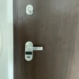 Ciemnobrązowe drzwi z zamontowanym srebrnym zamkiem elektronicznym z czytnikiem kart i wizjerem.