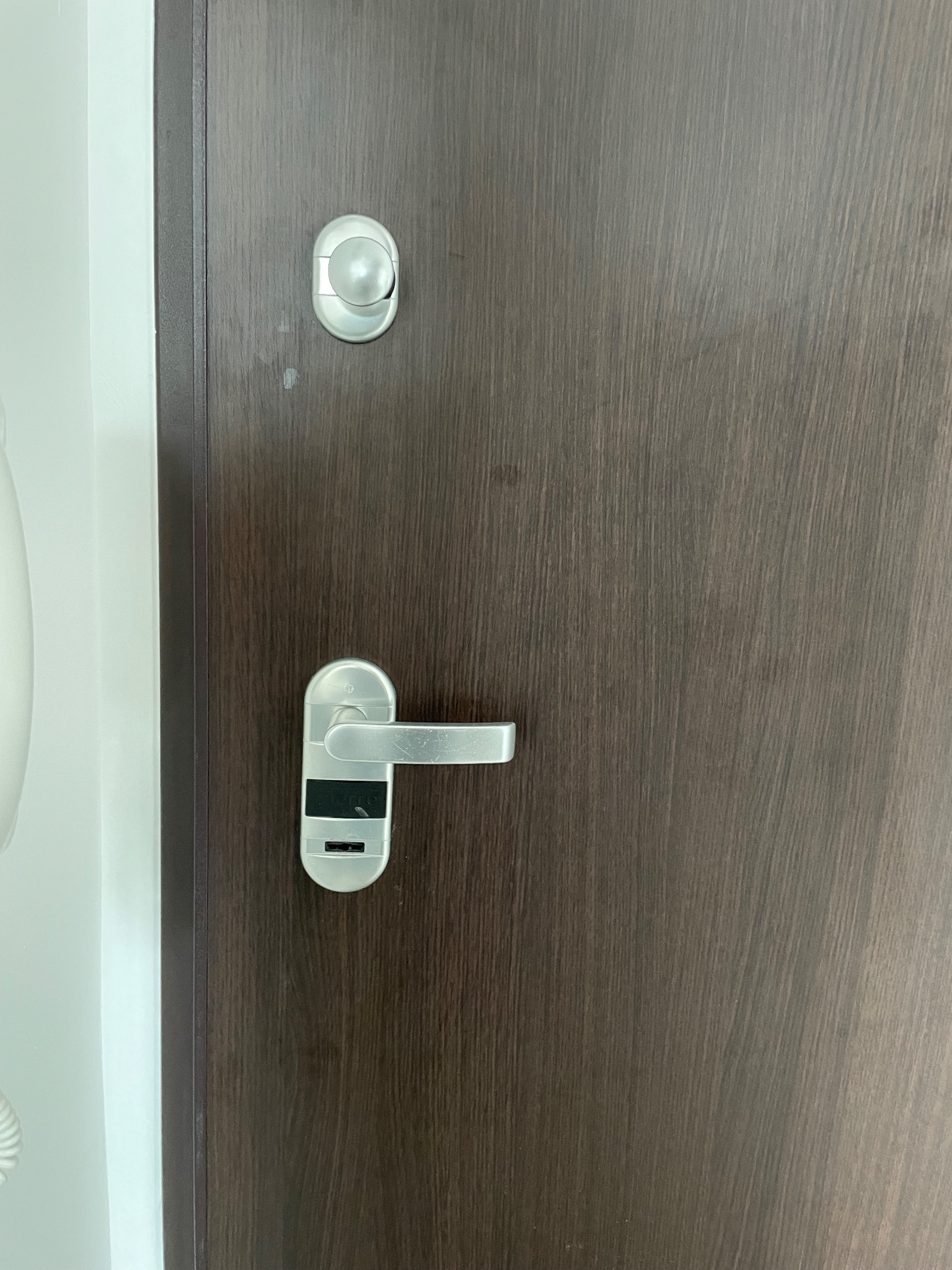 Ciemnobrązowe drzwi z zamontowanym srebrnym zamkiem elektronicznym z czytnikiem kart i wizjerem.