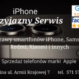 Reklama serwisu smartfonów z adresem i numerem telefonu, ocena 5.0 w Google i Facebook, widoczne obiektywy telefonu iPhone.