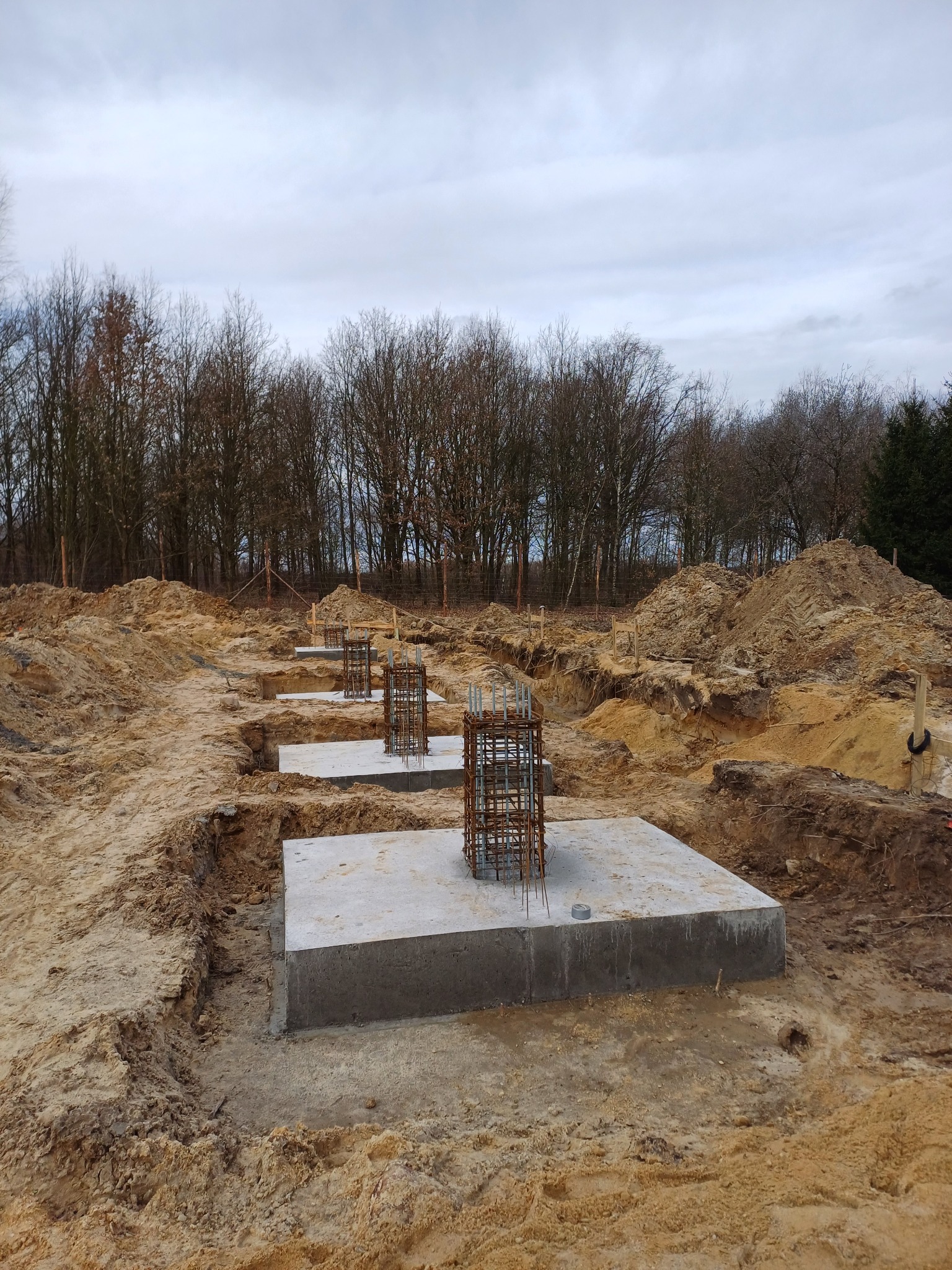 Betonowe fundamenty z wystającymi prętami zbrojeniowymi, przygotowane pod budowę, otoczone wykopaną ziemią i drzewami bez liści w tle, pochmurny dzień.