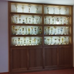 Usługi Stolarskie Paweł Jabłoński - Duża, drewniana witryna z podświetleniem, wypełniona kolekcją różnorodnych pucharów i trofeów sportowych, ustawionych na półkach za szklanymi drzwiczkami.