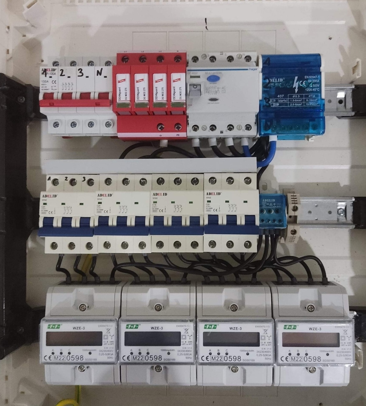 Rozdzielnica elektryczna z zamontowanymi zabezpieczeniami przeciwprzepięciowymi (czerwone), wyłącznikami nadprądowymi (białe i niebieskie) oraz czterema licznikami energii elektrycznej F&F WZE-3...