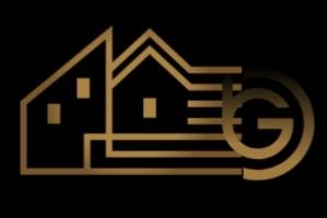 Złote logo firmy dekarskiej przedstawiające stylizowane kontury dwóch domów z dachem, połączone liniami z okręgiem zawierającym literę 'G', na czarnym tle.