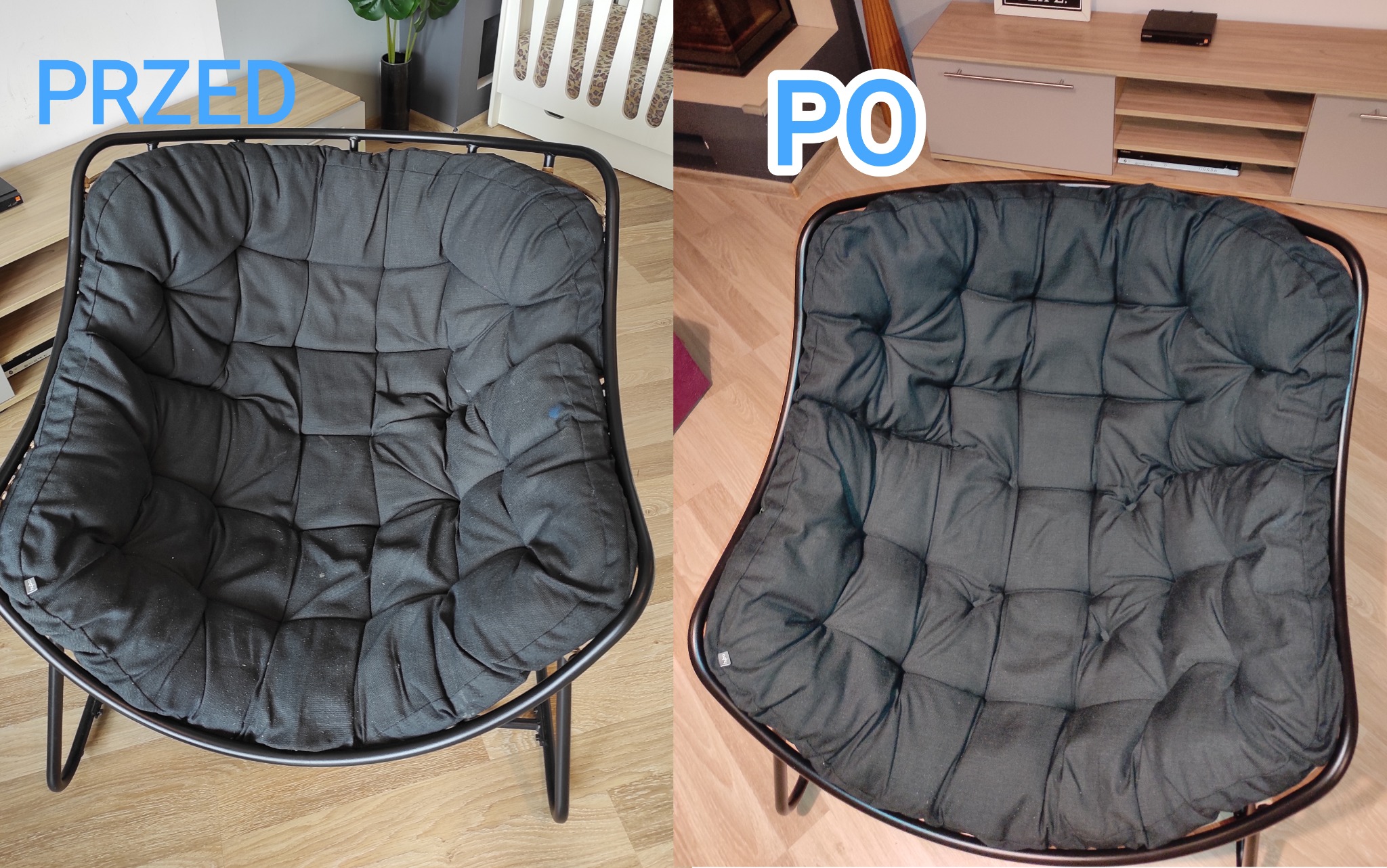 Kadr dzielony na dwie części: po lewej stronie zabrudzone, czarne siedzisko krzesła z metalowym stelażem przed praniem, po prawej stronie to samo siedzisko po wypraniu, z widoczną poprawą czystości...