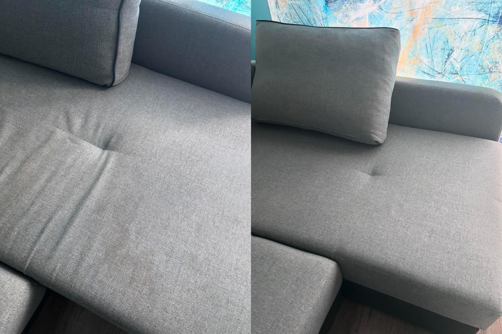 Porównanie fragmentu szarej kanapy przed i po czyszczeniu, widoczne różnice w odcieniu i usunięte plamy.