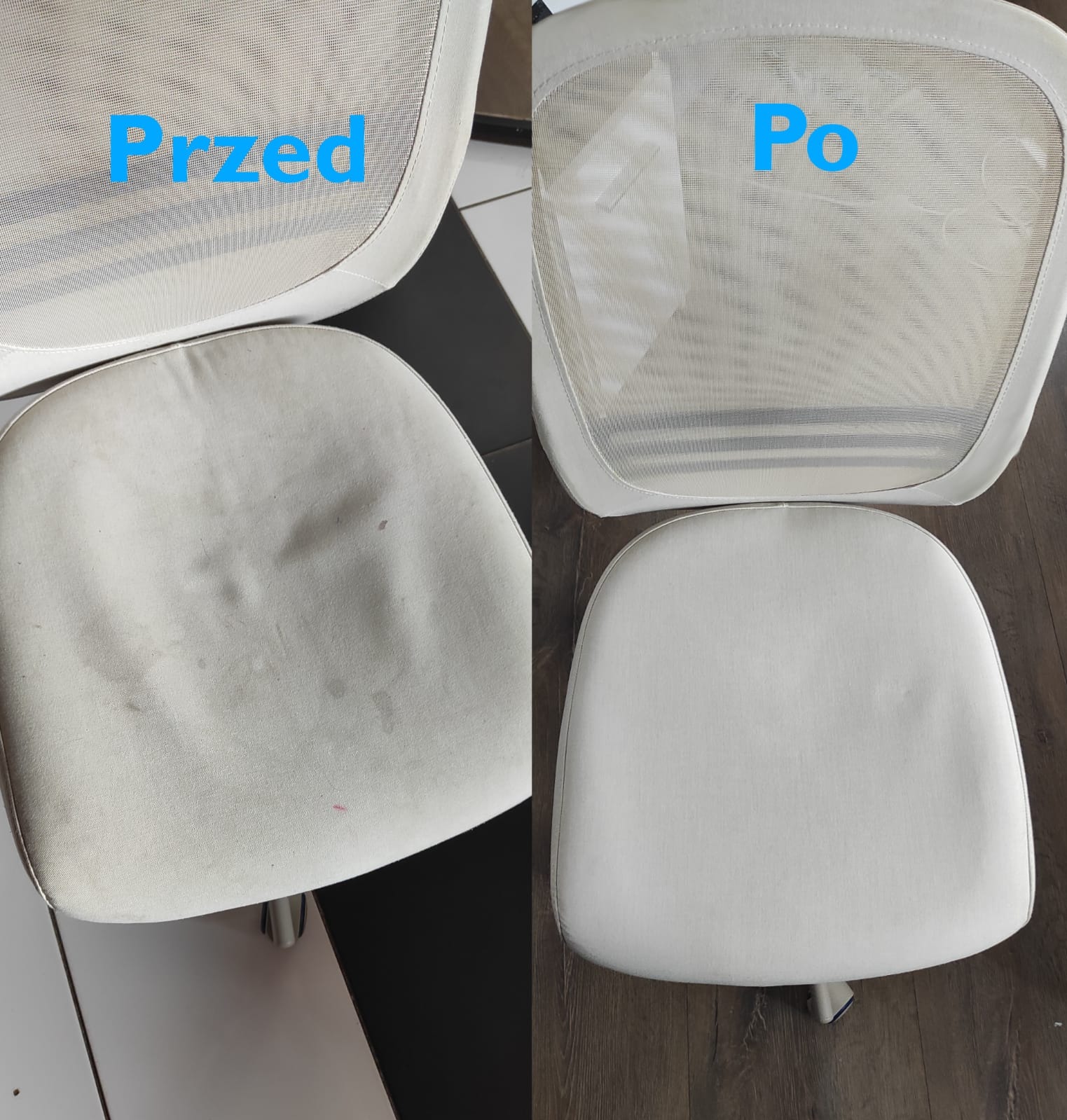 Porównanie fotela biurowego z białym obiciem przed i po czyszczeniu, widoczne plamy i zabrudzenia usunięte.