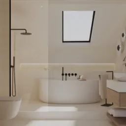 Minimalistyczna łazienka w jasnych barwach z wolnostojącą wanną, wiszącą toaletą, umywalką nablatową i oknem dachowym. Czarna armatura dodaje kontrastu.