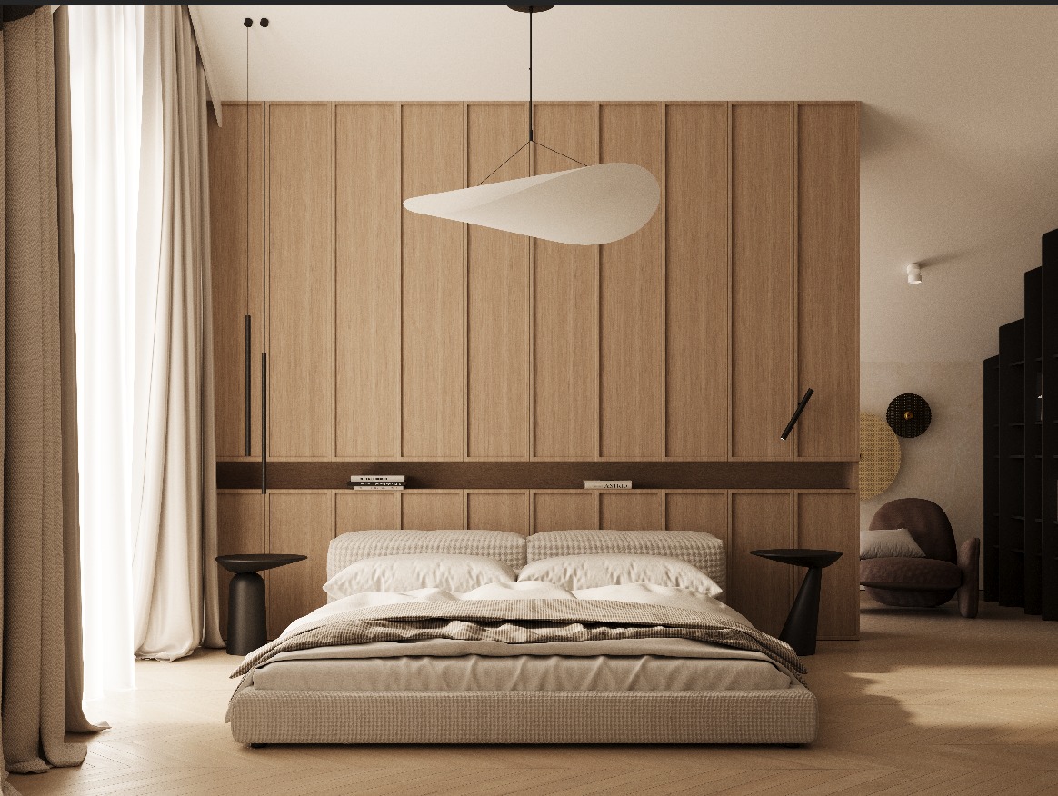 Minimalistyczna sypialnia z drewnianą ścianą, owalną lampą wiszącą i beżową pościelą w geometryczny wzór, uzupełniona o okrągłe stoliki nocne i dekoracyjne panele ścienne w tle.
