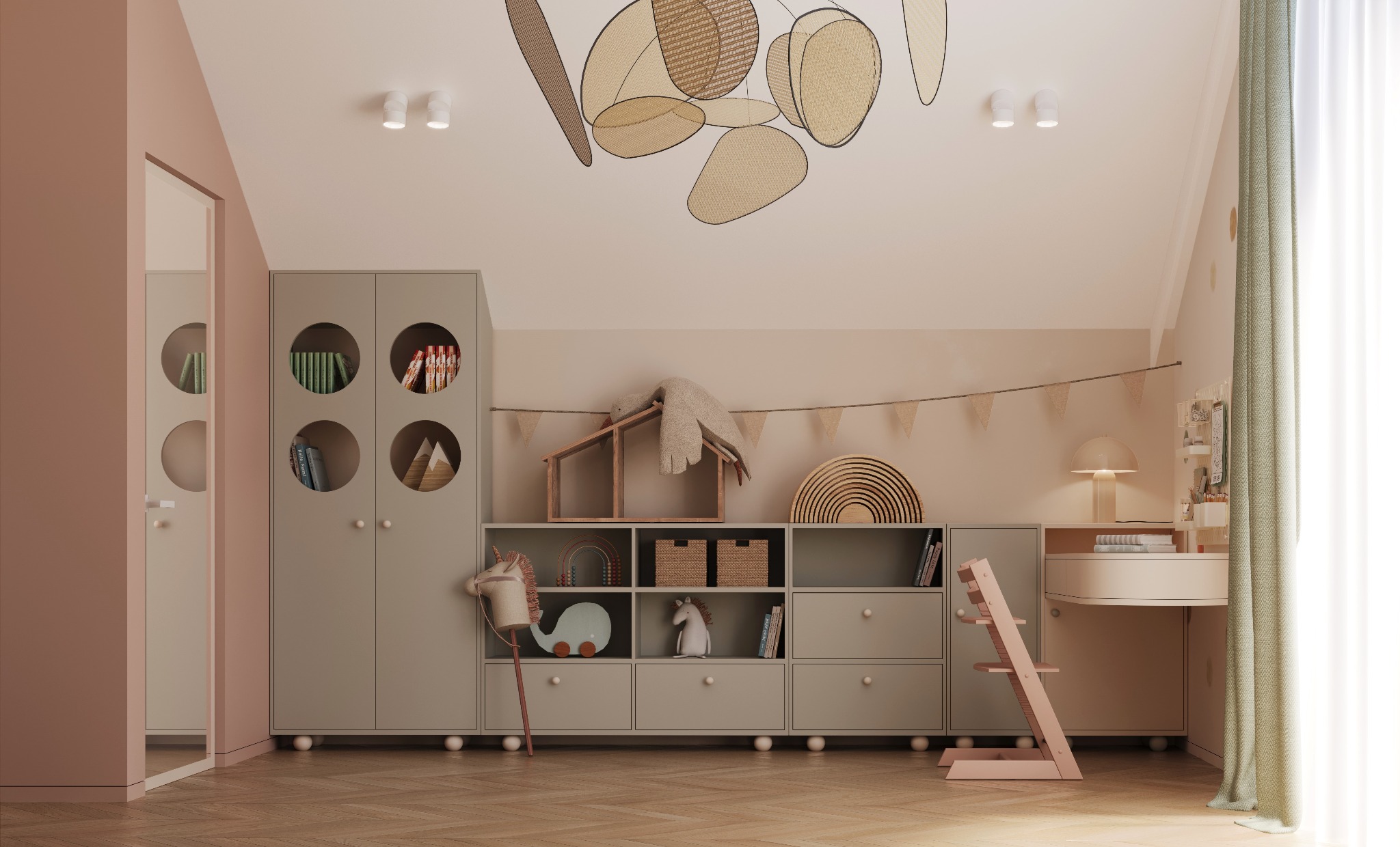 Jasny pokój dziecięcy na poddaszu z drewnianą podłogą, szarymi meblami, dekoracjami i lampą z abażurami z wikliny