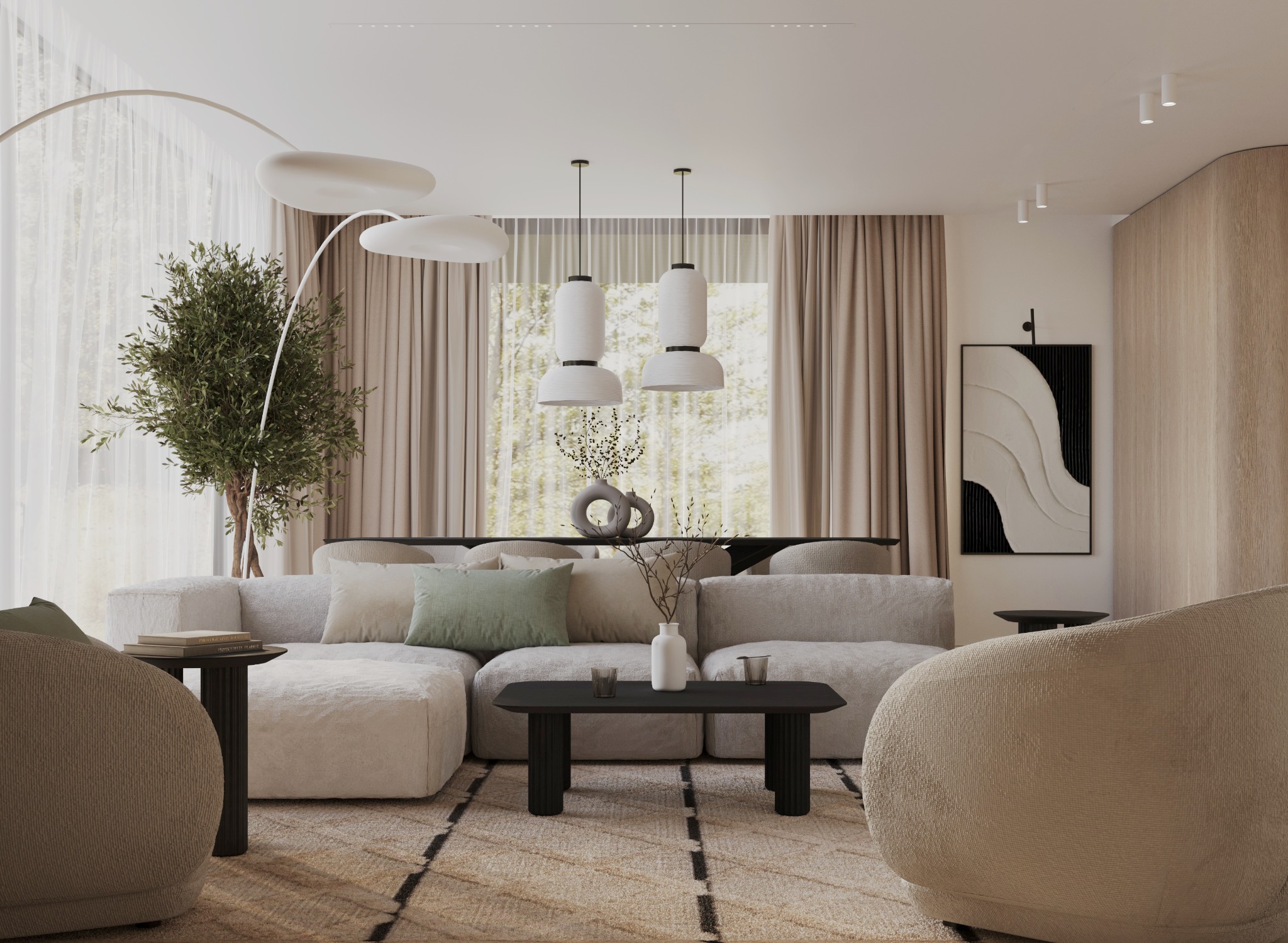 Jasne, przestronne wnętrze salonu z dużą, modułową sofą w odcieniach beżu, dwoma okrągłymi fotelami, czarnym stolikiem kawowym i dywanem w geometryczne wzory. Widoczne minimalistyczne lampy wiszące...
