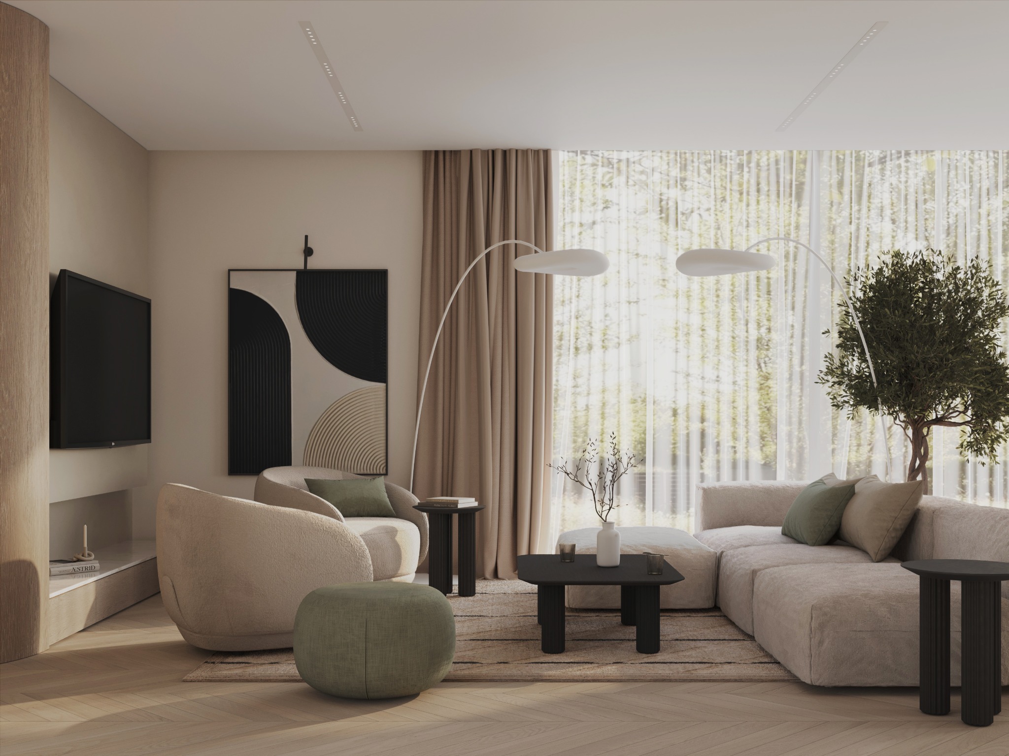 Jasne, przestronne wnętrze salonu w Katowicach z beżowymi meblami, drewnianą podłogą, minimalistycznym stolikiem kawowym, lampami podłogowymi w stylu retro i dużym oknem z widokiem na zieleń.