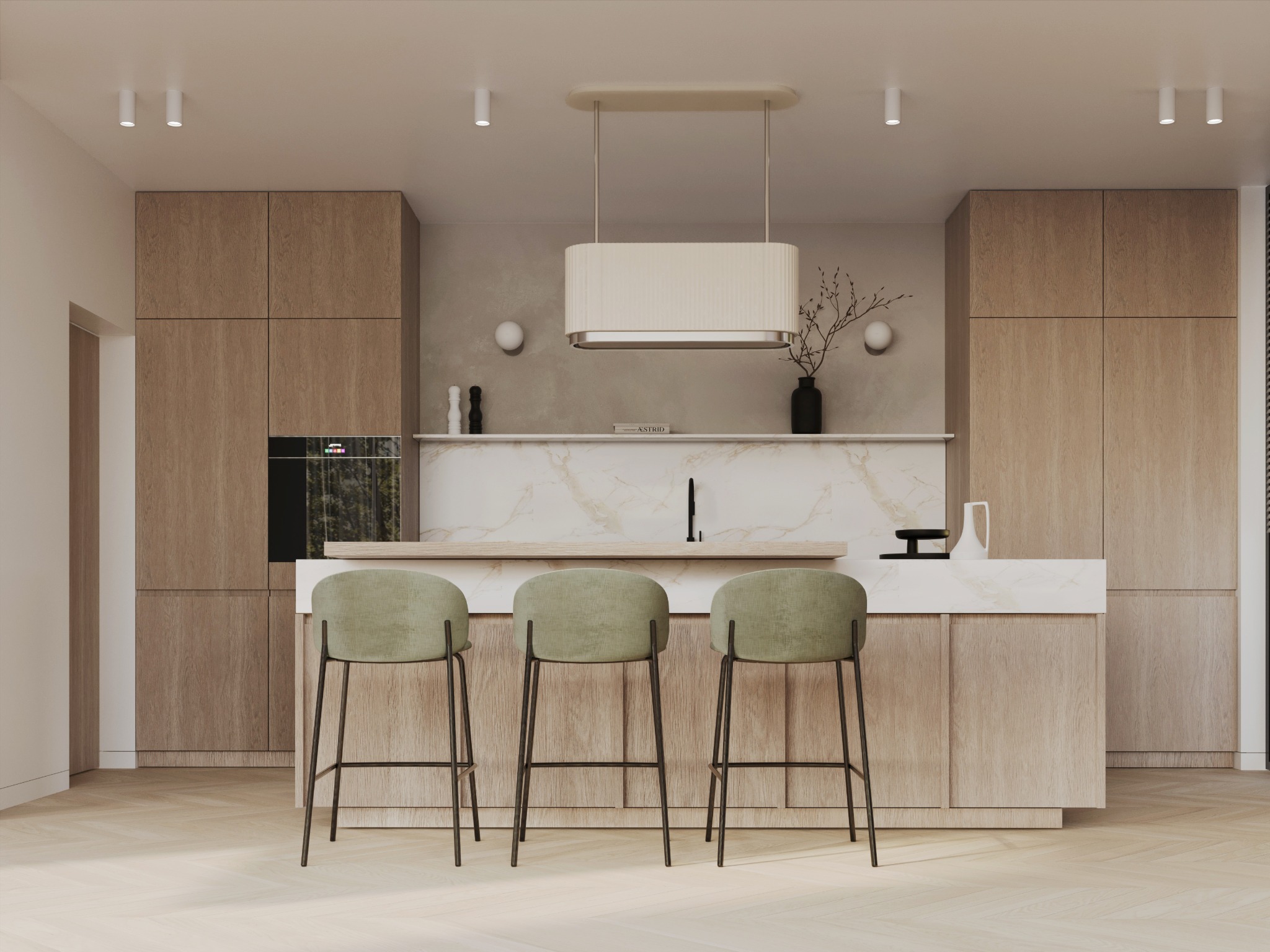 Nowoczesna kuchnia z drewnianymi szafkami, marmurowym blatem i trzema zielonymi hokerami na tle parkietu w jodełkę.