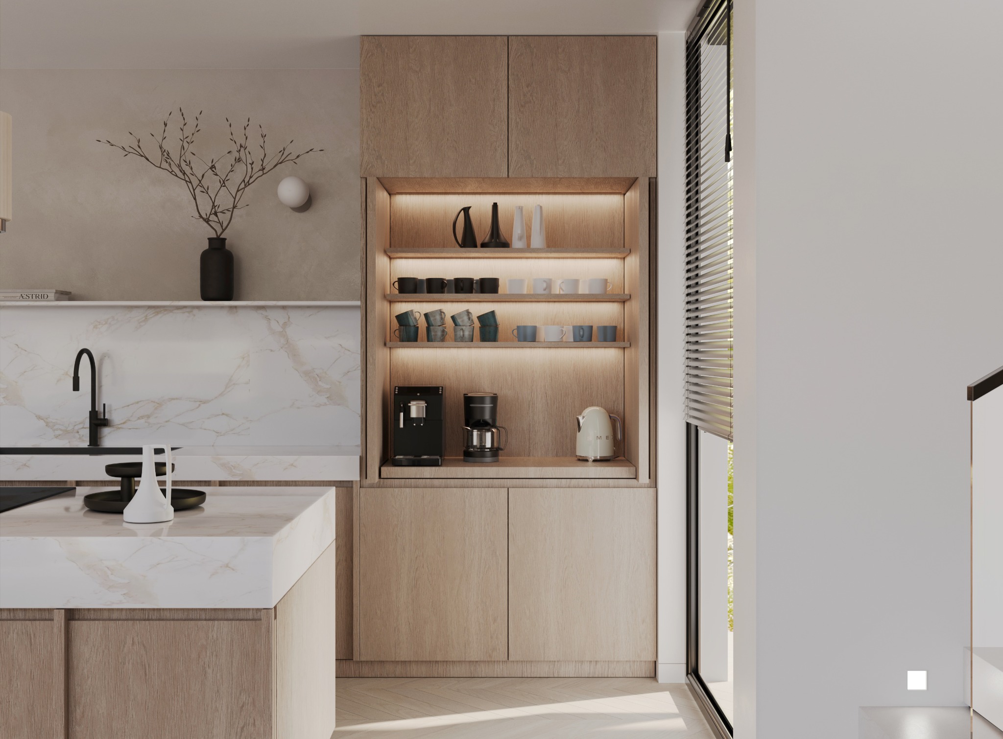 Nowoczesna kuchnia z wyspą, marmurowym blatem i drewnianymi szafkami, oświetlona półka z ekspresami do kawy i czajnikiem.