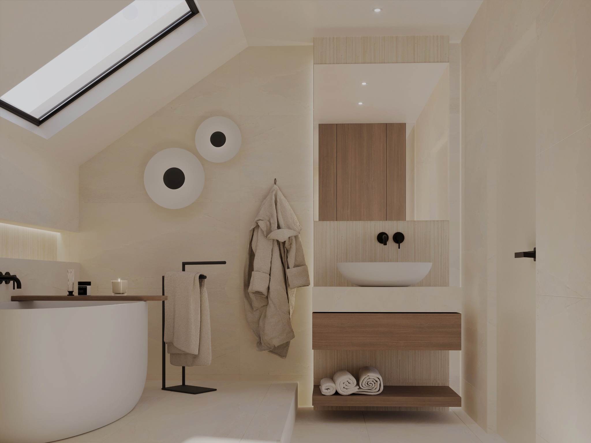 Jasna łazienka na poddaszu z owalną wanną, umywalką nablatową, drewnianą szafką, okrągłymi lampami ściennymi i oknem dachowym.
