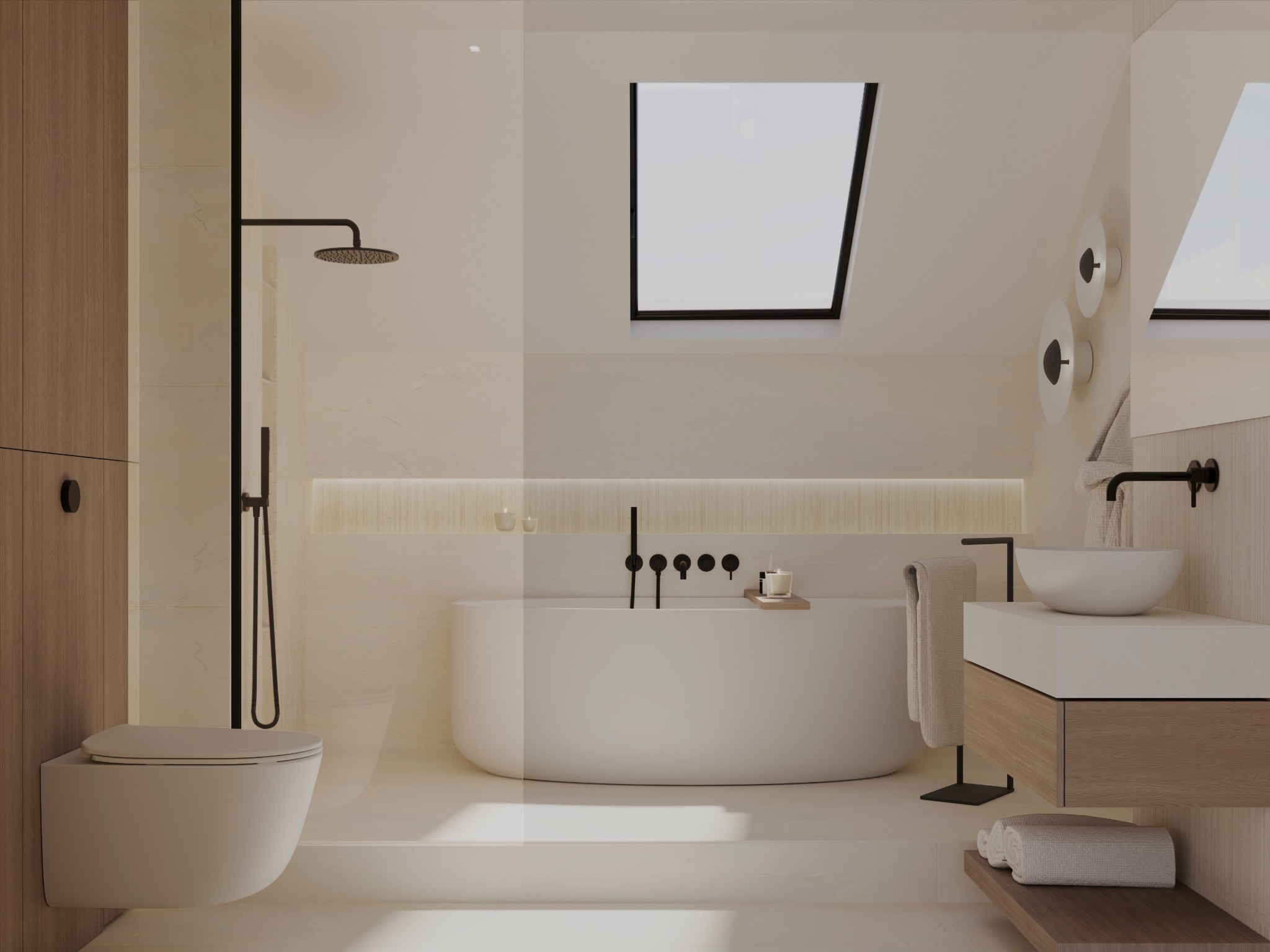 Minimalistyczna łazienka w jasnych barwach z wolnostojącą wanną, wiszącą toaletą, umywalką nablatową i oknem dachowym. Czarna armatura dodaje kontrastu.