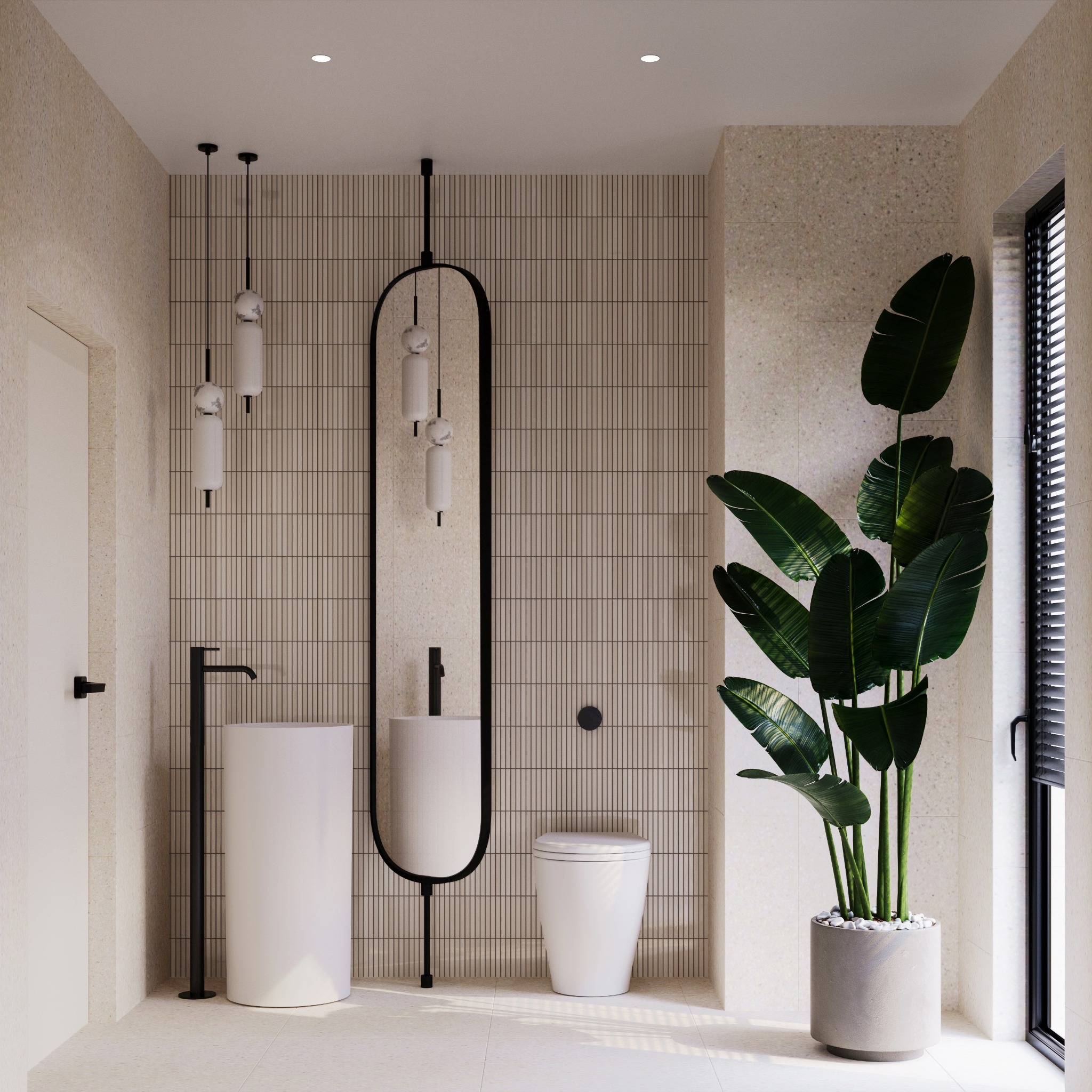 Nowoczesna łazienka z umywalką wolnostojącą, toaletą, dekoracyjnym lustrem i rośliną doniczkową przy oknie z żaluzjami.