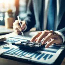 Osoba w garniturze kalkuluje dane z wykresów, używając kalkulatora i długopisu na drewnianym biurku w jasnym biurze.