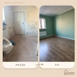 Porównanie stanu pokoju przed i po: surowe ściany z resztkami farby kontra świeżo pomalowane, zielone ściany i nowe panele podłogowe.