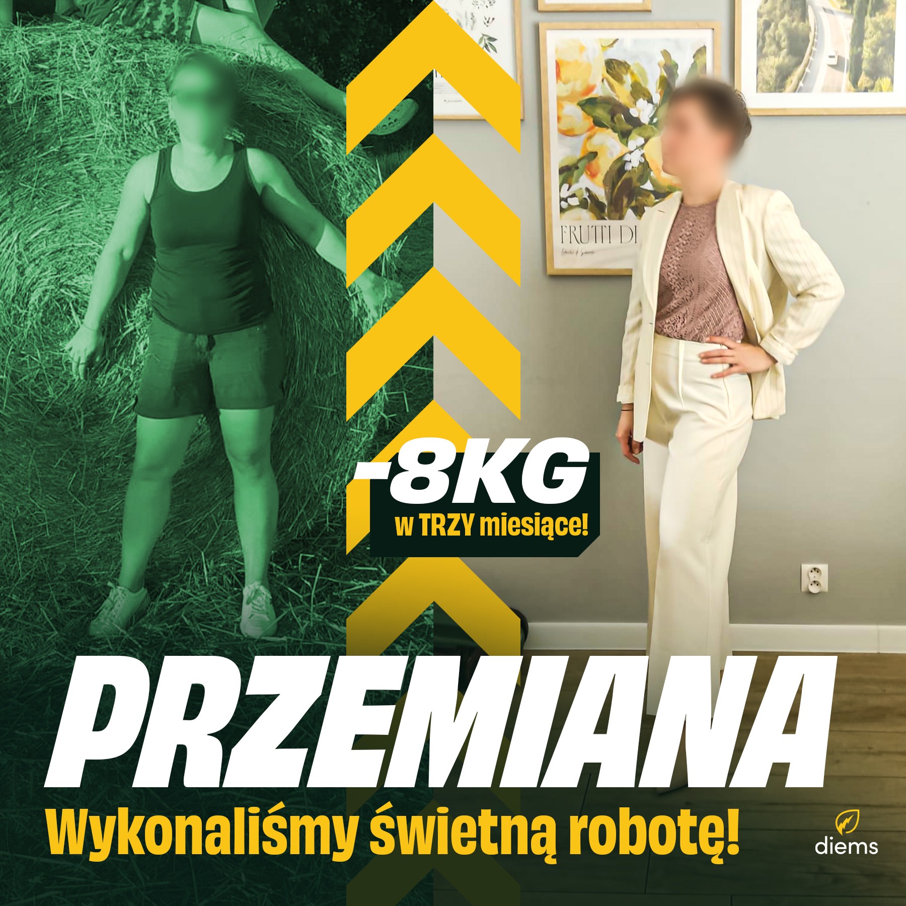 Grafika przedstawia metamorfozę kobiety: po lewej sylwetka leżąca na sianie, po prawej kobieta w eleganckim, jasnym garniturze, z hasłem -8kg w trzy miesiące i napisem 'Przemiana. Wykonaliśmy...