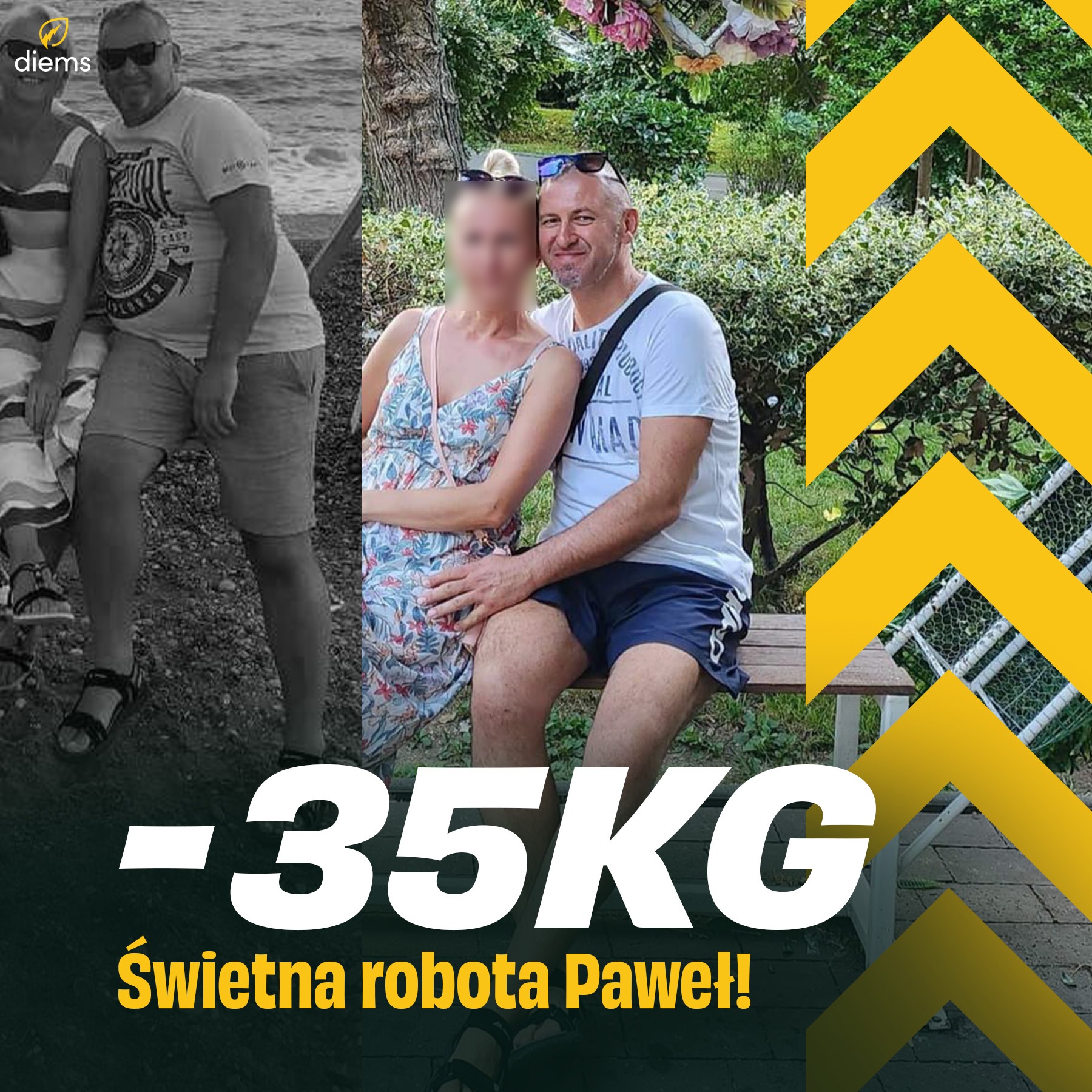 Mężczyzna po prawej, siedzący na ławce z kobietą, prezentuje metamorfozę sylwetki; po lewej stronie zdjęcie przed odchudzaniem w czerni i bieli, po prawej kolorowe zdjęcie po utracie 35 kg; na dole...