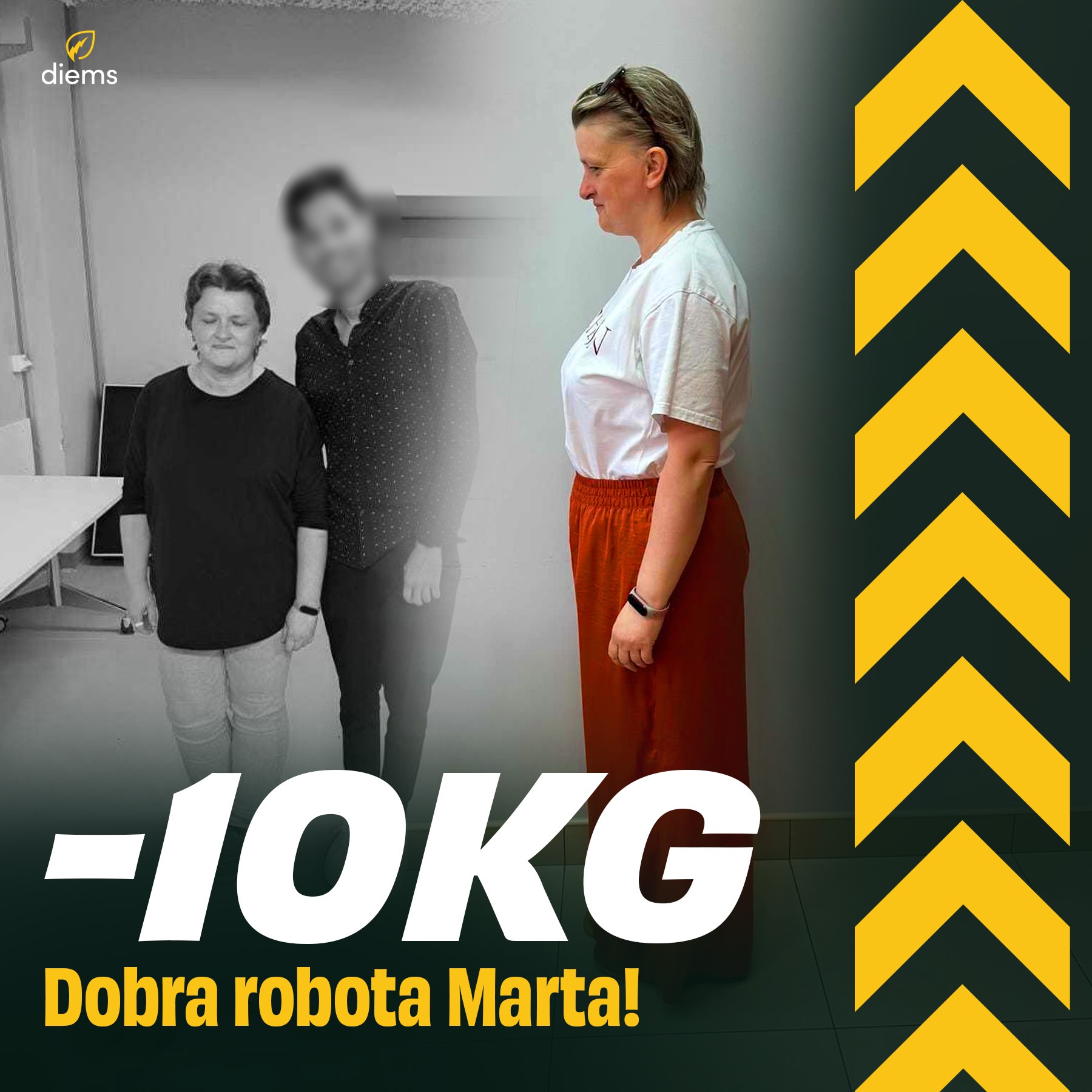 Zdjęcie typu 'przed i po' z widoczną utratą wagi, prezentujące dwie kobiety i zamazaną postać w tle, z napisem '-10KG' i tekstem 'Dobra robota Marta!'