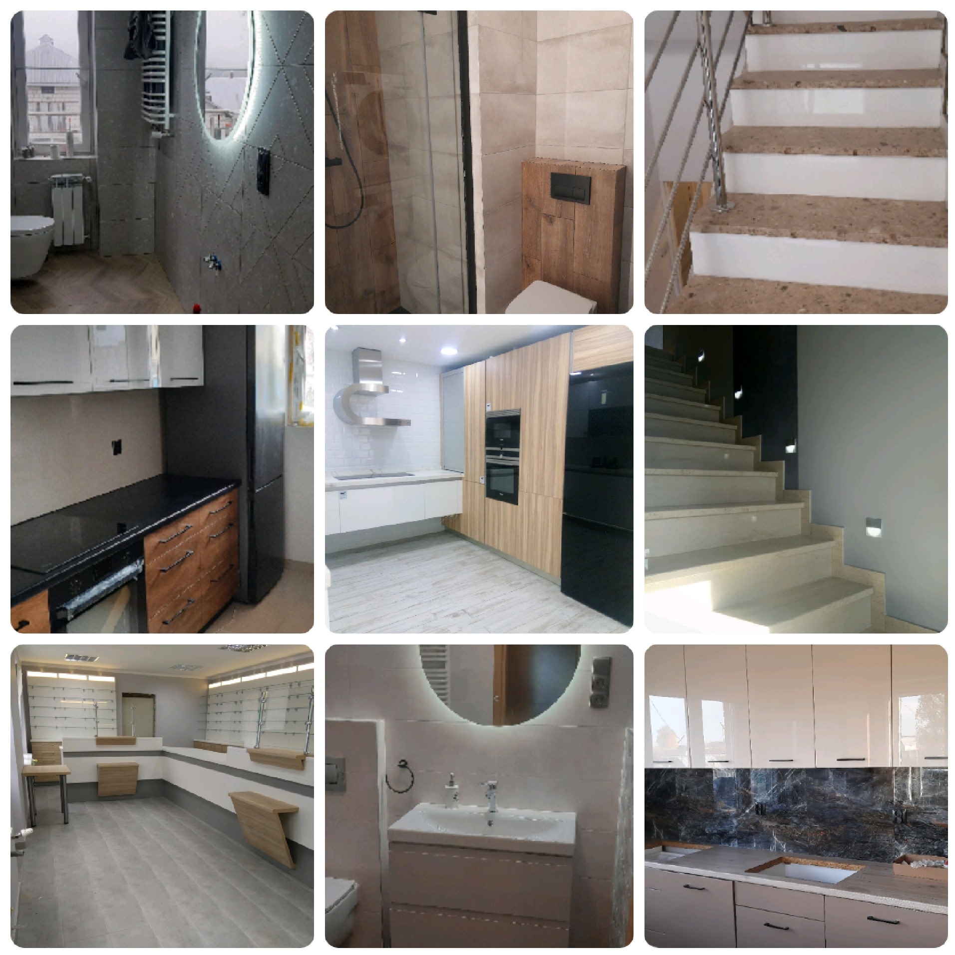 Zestawienie zdjęć przedstawiających różne etapy wykończenia wnętrz: łazienka z okrągłym lustrem LED, kabina prysznicowa z drewnianym elementem, schody z metalową barierką, kuchnia z czarnym blatem...