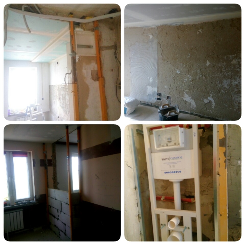 Cztery ujęcia z remontowanego mieszkania: montaż stelaża podtynkowego WC, fragment ściany z siatką i nałożonym tynkiem, wstawianie ścianki działowej z bloczków oraz przygotowanie sufitu podwieszanego.