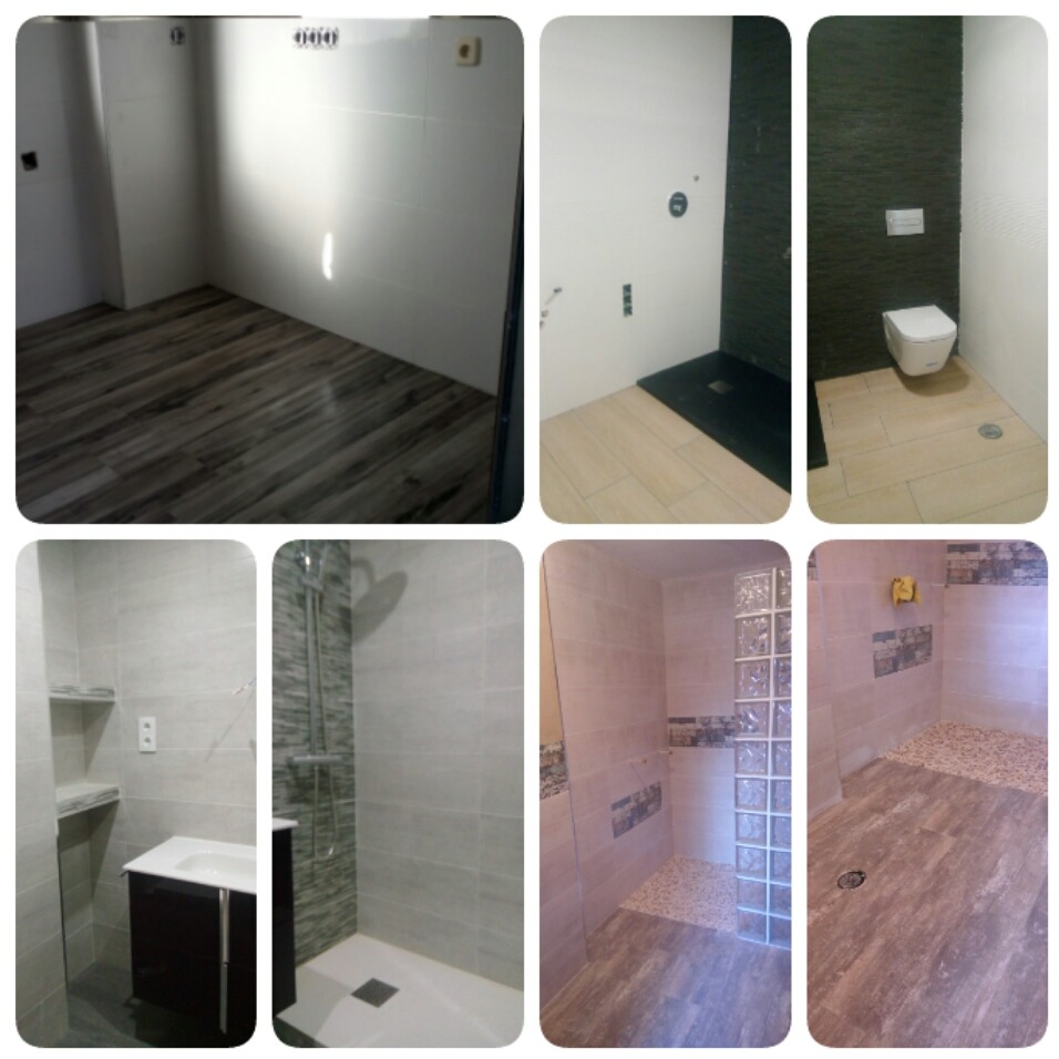 Mozaika zdjęć przedstawiających różne etapy remontu łazienek: od surowego stanu z położoną podłogą, przez montaż kabiny prysznicowej i toalety, po wykończone wnętrze z umywalką i półkami.