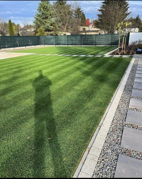 Świeżo skoszony trawnik z wyraźnymi pasami, obrzeżem z kostki i kamieniami ozdobnymi, cień osoby fotografującej widoczny na trawie.