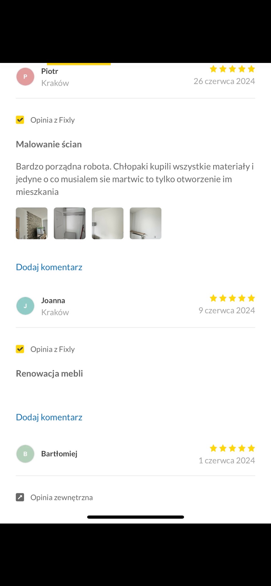 Opinia klienta z Wieliczki o usłudze malowania ścian. Widoczne zdjęcia ścian przed i po malowaniu, zadowolony klient ocenia usługę na 5 gwiazdek.