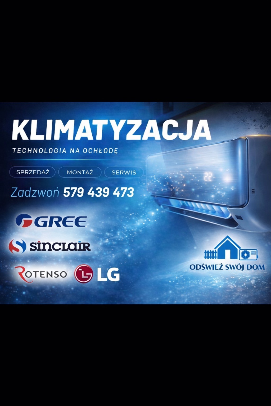 Klimatyzacja w Wieliczce: sprzedaż, montaż i serwis. Grafika z klimatyzatorem, logotypami Gree, Sinclair, Rotenso i LG. Numer telefonu kontaktowego.