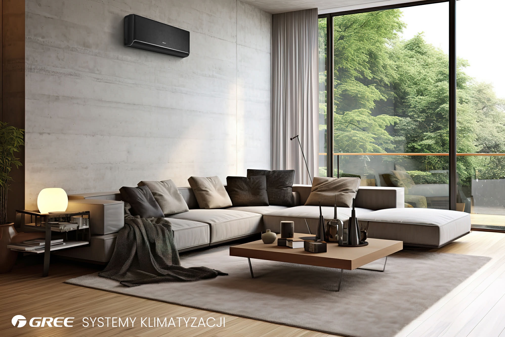 Nowoczesny salon z szarą sofą i czarnym klimatyzatorem na ścianie. Duże okno z widokiem na zieleń. Minimalistyczny design, stonowana kolorystyka, oświetlenie boczne.