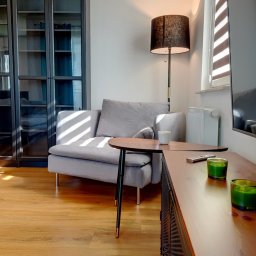 Blue Real Estate Bogacka & Gołębiowska s.c - Jasnoszara sofa z poduszkami, stolik kawowy z białą świecą, drewniana szafka RTV z zielonymi świecami, czarna witryna z przeszklonymi drzwiami i lampa podłogowa z czarnym abażurem w salonie...