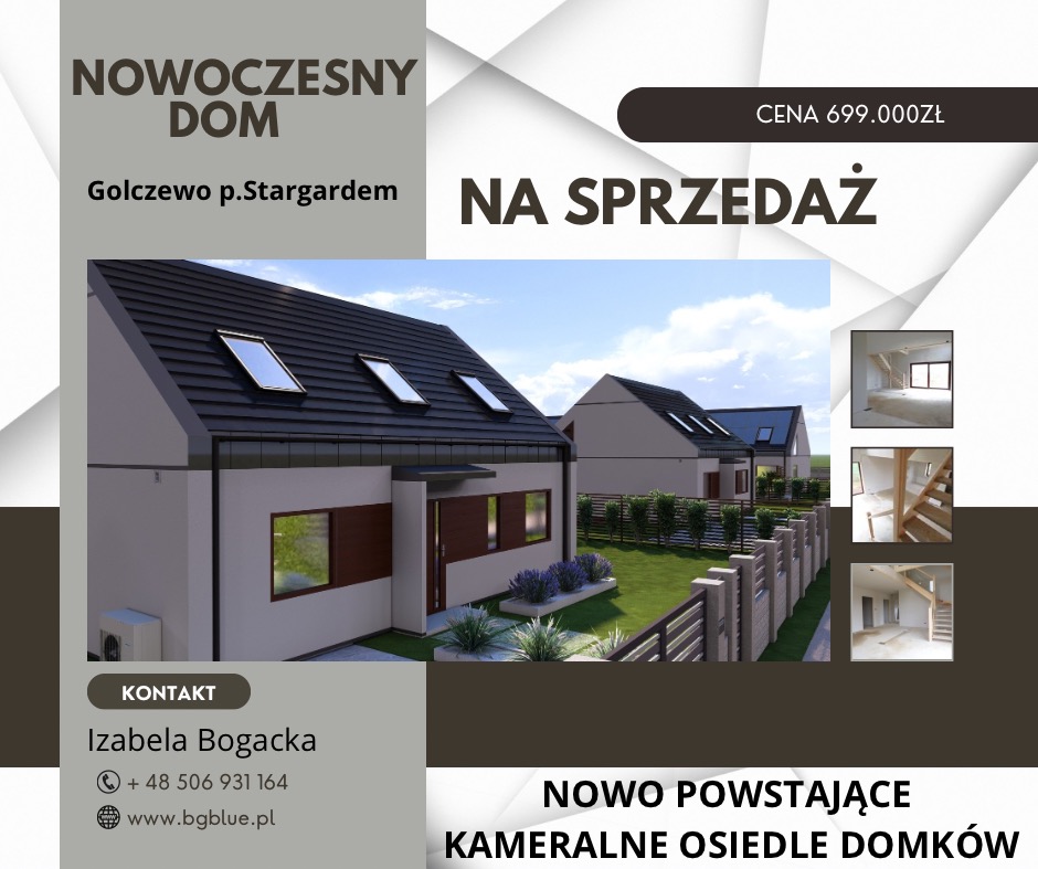 Wizualizacja osiedla domków jednorodzinnych w Golczewie, z informacją o cenie i kontaktem do agenta, prezentująca nowoczesną architekturę i zagospodarowanie terenu.