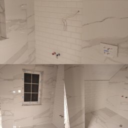 Projekt łazienki w której ściany i podłoga są w jednej płytce gresowej 80cm/80cm
Plus dwie ściany w cegielce